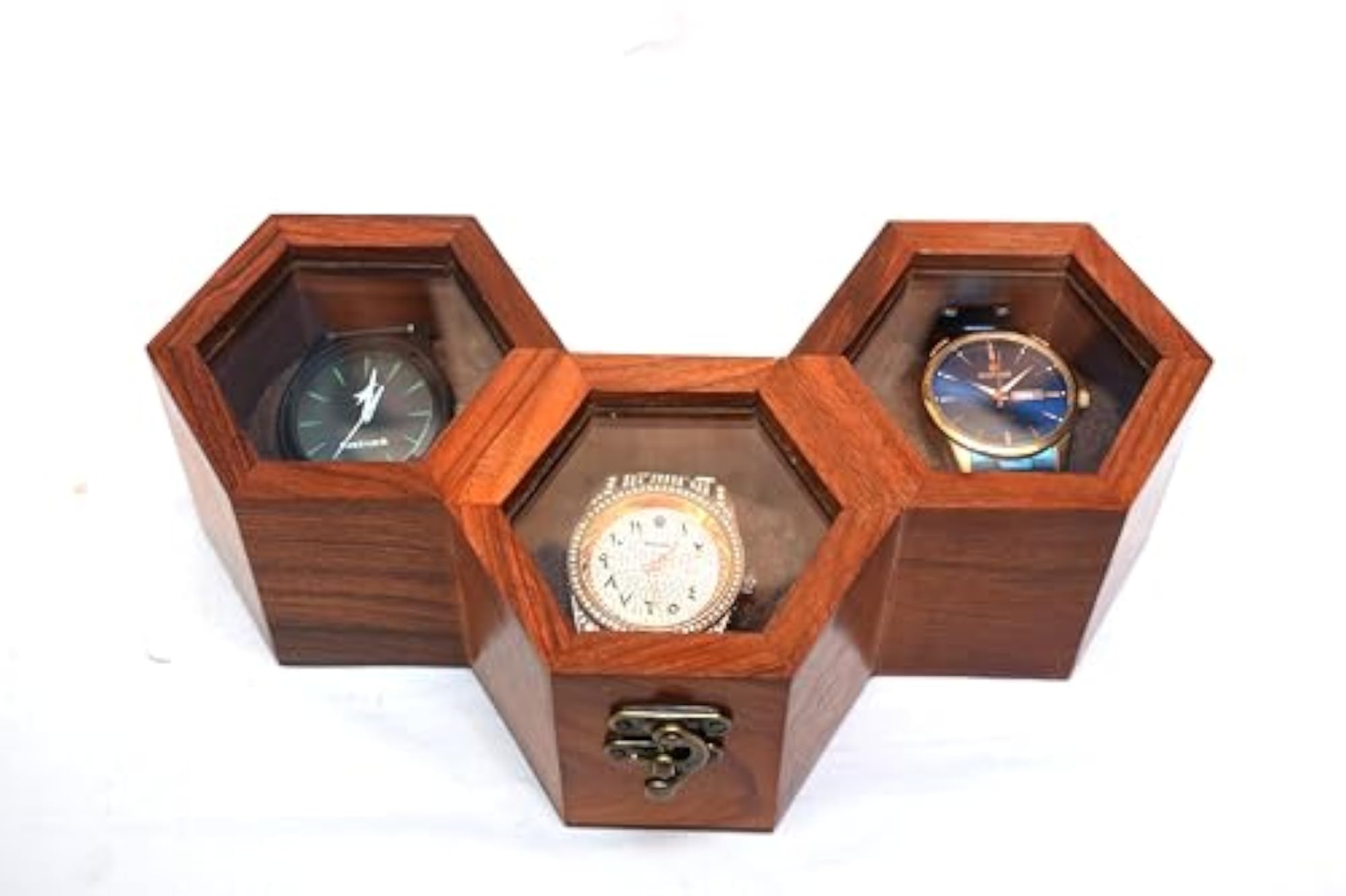 Hexagonal Wooden Watch Display Box, 3-Slot Storage Case