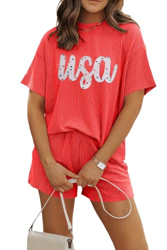 Image of Womens Pajama Sets 2 Piece Pjs Sleepwear Soft Comfy Short Sleeve Tops and Shorts Lounge Set Loungewear Outfit