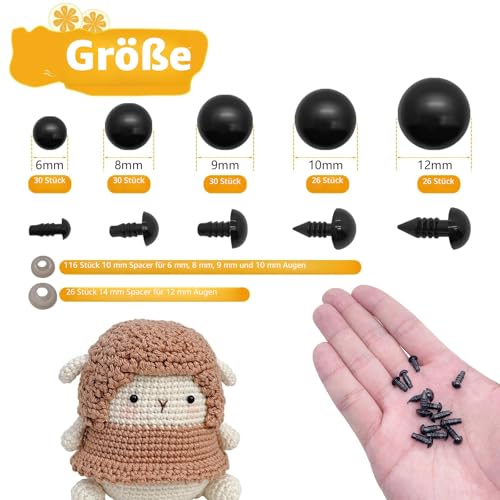 Skythrive Sicherheitsaugen für Häkeltiere, 142 Stück Kunststoff Knopfaugen mit Unterlegscheiben für Plüschtiere Puppenaugen (6-12mm)