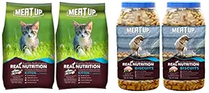 Meat Up Kitten (1-12 Months) Dry Cat Food, Ocean Fish, 600g (Buy 1 Get 1 Free) & Meat Up Chicken Flavour Real Chicken Biscuit, 500g (Buy 1 Get 1 Free)