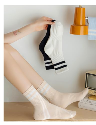 Image of Deeorla Womens Striped Crew Socks Brown Vintage Retro Athletic Socks 5 Pairs