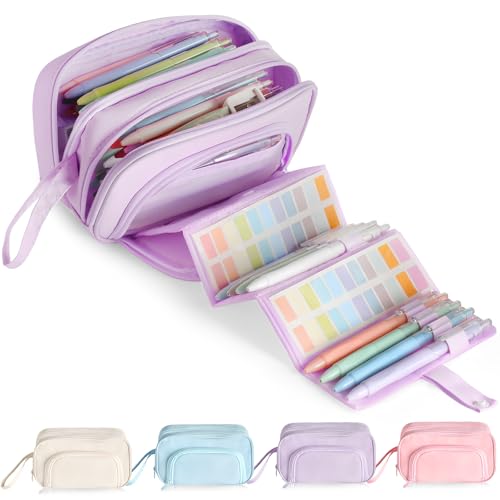 Image of Large Capacity Pencil Case with Pull-out Structure - Multifunctional Extra Big Pencil Pouch Pen bag, Portable Stationery Organizer with Zipper, Office School Supplies for Boys Girls, Purple