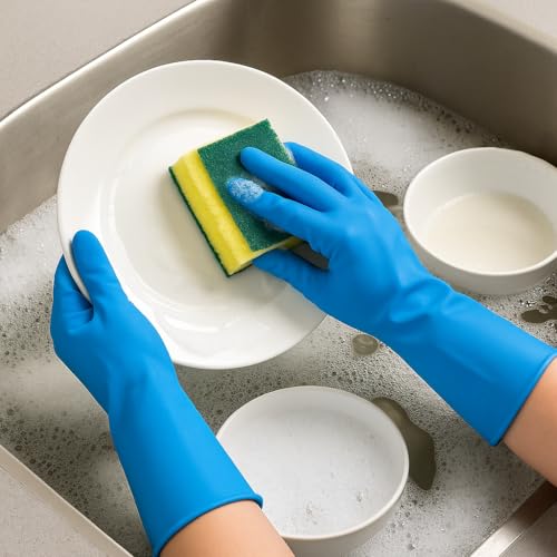 Image of Natural Rubber Household Gloves - Reusable & Waterproof for Cleaning, Dishwashing, Kitchen & Bathroom Use - Comfortable Fit with Non-Slip Grip - Durable & Long-Lasting (Blue, 15 Pair)