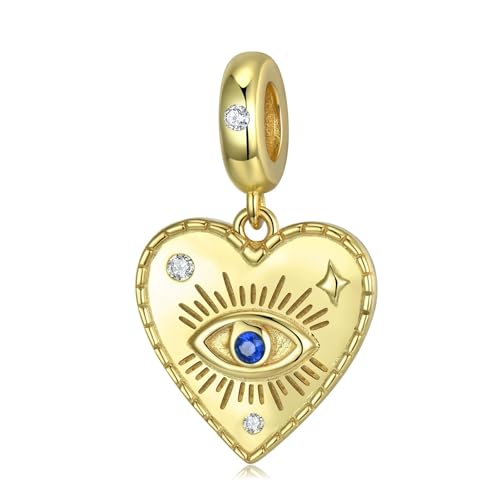 Image of ZUOHUI 925 Sterling Silver Evil Eye Heart Charm | Gold Plated | Fits Pandora Bracelet | DIY Jewellery | Everyday Gift for Her