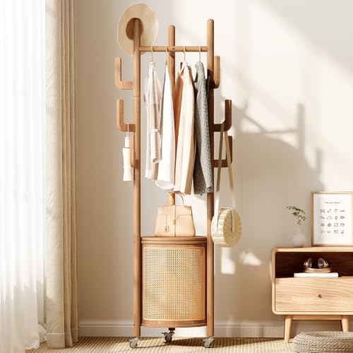 Yoobure Solid Wood Coat Rack - Rolling Clothes Rack with Rattan Basket by Yoobure - Used condition - US$76.99