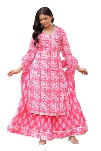 Image of PARTHVI Women's Printed Calf Length Straight Kurta & Skirt With Dupatta Set