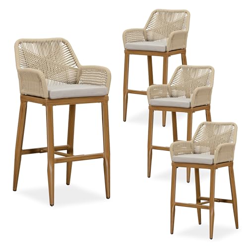 Image of PURPLE LEAF Patio Bar Stools Set of 4 Weather Resistant PE Rattan, Teak