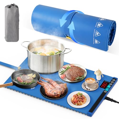 Food Warmer, LAMA Electric Warming Mat, Foldable Silicone Hot Plates with 6 Temperature Settings, 5H Timer, 10S Fast Heating, LED Display and Locking Function, Roll Heating Pads to Keep Food Warm