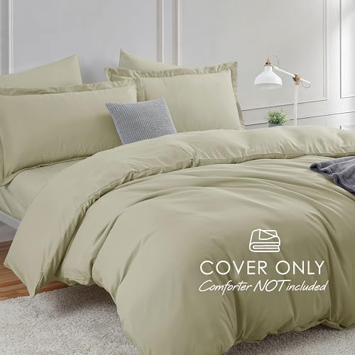 Image of Hearth & Harbor Light Sage Duvet Cover with Fitted Sheet Full Size | 4 Piece Soft Double Brushed Bedding Set, Button Closure, 1 Duvet Cover 80x90 Inches, 1 Fitted Sheet, 2 Pillow Shams