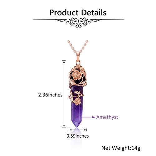 Jovivi Flower Wrapped Natural Amethyst Healing Crystal Necklace Hexagonal Prism Pointed Gemstone Pendant Pendulum Necklace Yoga Energy Reiki Quartz Jewelry For Men Women #TOP4