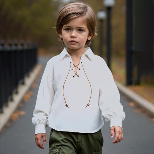 Youth Boys Vintage Medieval Pirate Shirts Long Sleeve V-Neck Loose Halloween Tops Renaissance Viking Performance Shirts 6