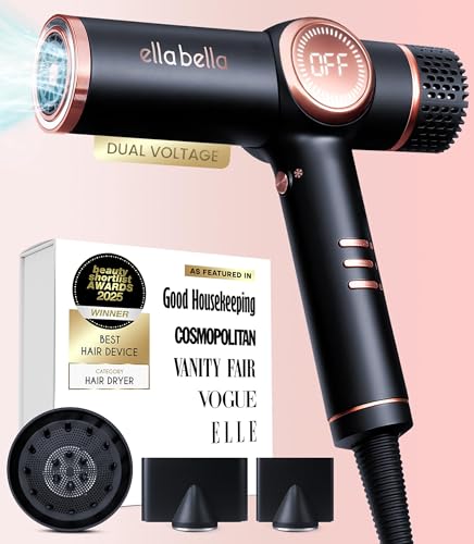 ELLA BELLA Professional Ionic Hair Dryer with Diffuser Dual Voltage Negative Ion Blow Dryer Suitable All Hair Types Intelligent Heat Control & Rapid Drying Speeds Low Noise Lightweight Design