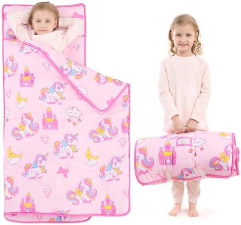 UOMNY Toddler Nap Mat Girls-Unicorns Nap Mats with Removable Pillow Toddler Sleeping Bag for Preschool Daycare 53x21 Inch