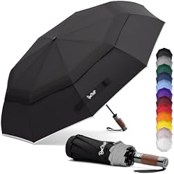 Royal Walk Windproof Folding Travel Umbrella Compact and Strong Luxurious Real Wood Handle Automatic Open Close Vented Double Canopy for Men and Women