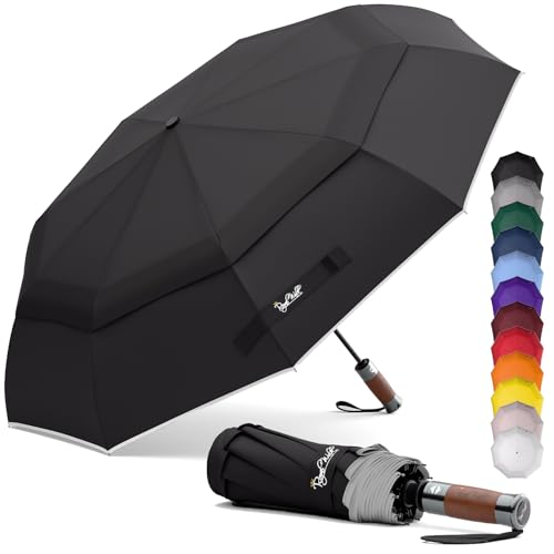 Royal Walk Windproof Folding Travel Umbrella Compact and Strong Luxurious Real Wood Handle Automatic Open Close Vented Double Canopy for Men and Women