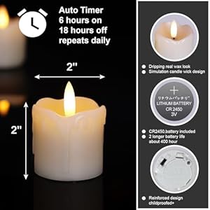 Homemory Flameless Votive Candles with Timer, 2" x 2" Real Wax, 400+Hour Realistic Black Wick Battery Operated Candles, Set of 6 for Wedding, Party and Holiday Decoration (Battery Included) Homemory Flameless Votive Candles with Timer 2 x 2 Real Wax 400Hour Realistic Black Wick Battery Operated Candles Set of 6 for Wedding Party and Holiday Decoration Battery Included