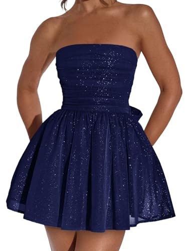 Strapless Short Homecoming Dresses for Teens Sparkly Tulle Mini Prom Cocktail Party Gowns with Bow
