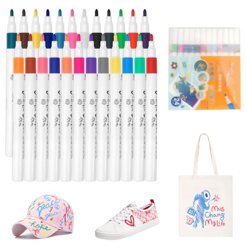 24 Farben Textilstifte Waschfest, Stoffstifte Waschmaschinenfest, Stifte Stoff Bemalen Waschfest, Stoffmalfarben, Textilfarbe Stifte, Fabric Marker für T-Shirts, Jeans, Hüte, Leinentaschen, Schuhe