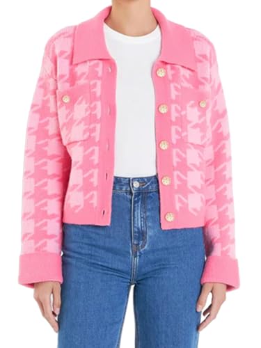 HOULENGS Women's Casual Plaid Cropped Cardigan Sweater Long Sleeve Button Down Lapel Knit Sweater Coats with Pockets