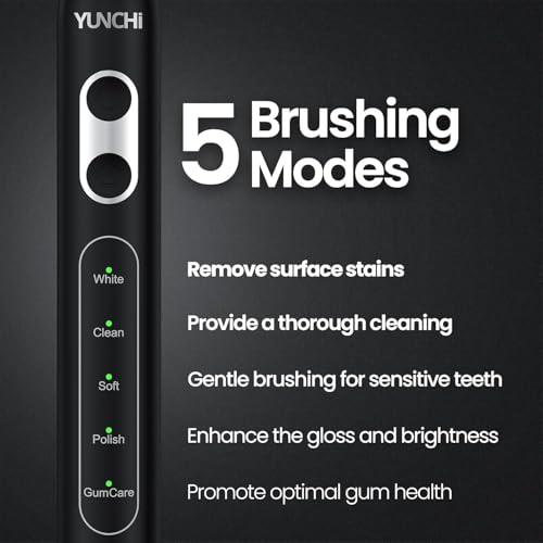 YUNCHI C3 Elektrische Schallzahnbürste für Erwachsene, 8 Bürstenköpfe und Reiseetui, Wiederaufladbare Elektrische Zahnbürste mit 5 Modi und USB Typ-C Aufladung, Mittelweiche Borsten, Schwarz – Bild 4