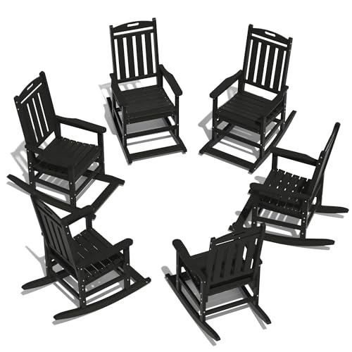 LOUNZY Outdoor Rocking Chair with Footboards Set of 6, HDPE Rocking Chair Patio Porch Rocker with 380lbs Support for Adult, Black Set of 6 Black