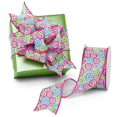 Image of Wired Colorful Swirls Easter Ribbon - 2 1 /2 inch x 10 Yards, Wreath, Spring, Gift Wrap, Presents, Bows, DIY, Birthday Decor, Christmas, Easter Basket