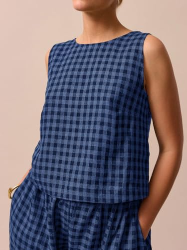 Image of Womens 2 Piece Lounge Sets Cotton Plaid Crop Top High Waisted Baggy Ankle Barrel Pants Gingham Matching Set