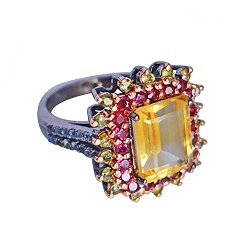 Bague en argent 925 véritable sertie de citrine naturelle et pierres fines