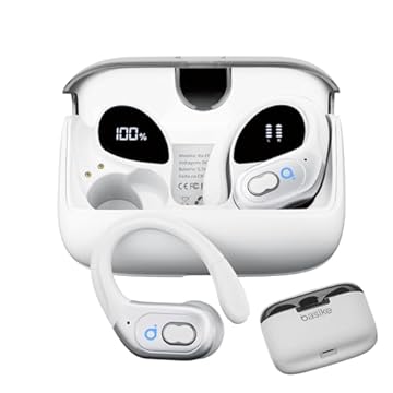 Basike Fone de Ouvido Sem Fio Esportivo BLuetooth 5.3 TWS,Tela LED Dupla, 3 Tamanhos Tampões Ouvido Intercambiáveis, Suporta chamadas de voz, adequadas para Android e IOS (Branco)