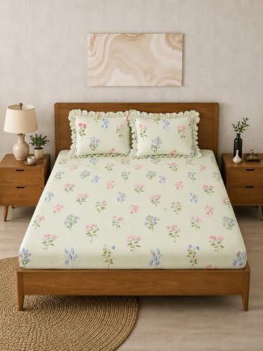 Image of 380 TC Premium Glace Cotton Elastic Fitted Bedsheet King Size with 2 Pillow Covers King Size | Double Bed with All Around Elastic (Cream Leaf, Fitted Queen-60x78)