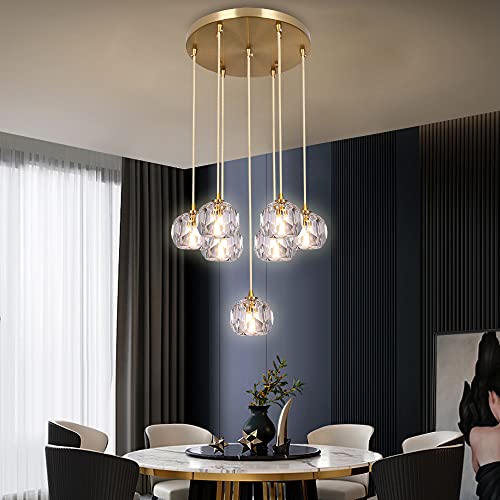 Greelustr Modern Crystal Pendant Light, 7-Light Crystal Led Chandeliers Light Fixture Dining Room Adjustable Length Brass Plating Led K9 Crystal Ball Flush Mounted Ceiling Light Living Room, Bedroom #TOP5