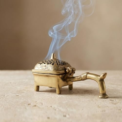 Image of ExclusiveLane 'Divine Aroma' Brass Incense Burner with Handle (100% Pure Brass, 6.3 Cm, 0.45 Kg, Hand-Etched) | Sambrani Holder Loban Dani Dhoop Holder Dhoop Dani Loban Burner
