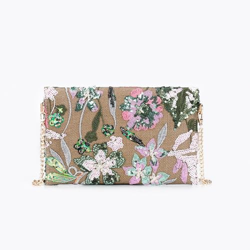 Image of Clutch Purses for Women, Envelope Package, Sequin Embroidered Flowers Straw Bag, Bohemian Handmade Handbags
