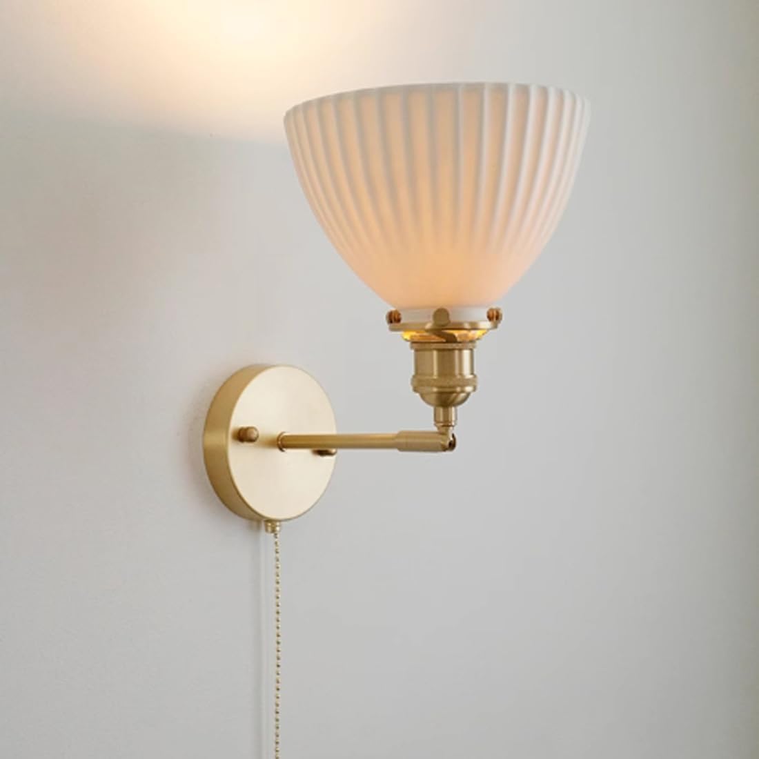 Pull Chain Sconce Light Fixture White Ceramic Wall Lights Gold Brass Sconces Striped Round Dome Shade Pull Chain Switch Bedroom Vintage Wall Lamp Copper Finish Bathroom Vanity Lights