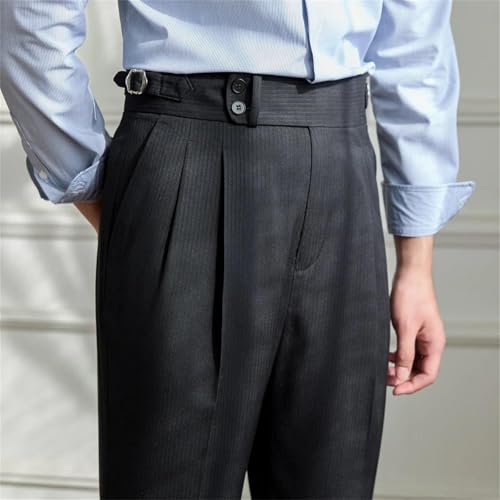 Men's Thin Retro Striped High Waist Pants Italian Style Breathable Wool Blend Straight Leg Casual Work Trousers2