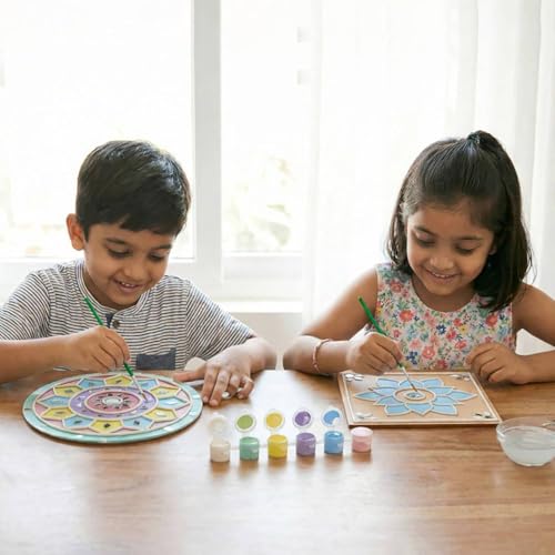 Image of ImagiVibe DIY Mini Lippan Art Kit for Kids & Adults | 2 Pre-Marked 6 Inch MDF Boards | Indian Folk Art Painting Kit with Clay, Mirrors & Pastel Tempera Colours | Creative Art & Craft Kit for Gifting, Artists, Children, Students, Beginners (6inch)