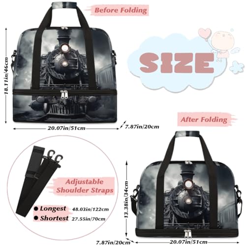 Vintage Steam Locomotive Train Foldable Duffle Bag with Shoes Compartment Large Capacity Waterproof Travel Weekender Bag Overnight Bag for Sports Gym2
