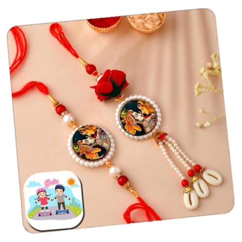 Image of CraftVatika Bhaiya Bhabhi Rakhi Magnet Set Rakhi for Brother and Bhabhi 1 Fridge Magnet Radha Krishna Flower Lumba Rakhi for Couple Designer Rakhi Set, Rakhi with Fridge Magnet