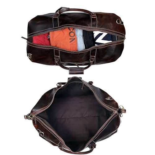 Leather Travel Duffle Bag 24 inch Genuine Buffalo Leather Sports Bag Gym Duffel for Men Airplane Under Seat Carry on Bags Overnight Weekender Duffel (Brown)4