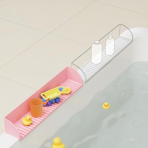 Tub Splash Guard for Kids - Silicone Tub Water Splash Guard with 4 Suction Cups for Kitchen Sink, Bath Toy Tray Holder, Tub Shelf for Kids, Bathroom Accessories for Children & Toddler, 1Pack, Pink