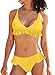 SHEKINI Damen Bikini Set V-Ausschnitt Verstellbarer Niedlich Rüsche Design Bikinioberteil Gedruckt Zweiteiliger Badeanzug Triangle Bikinihose Bademode Strandmode(X-Large, Gelb)