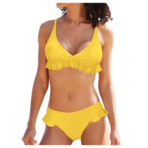 SHEKINI Damen Brazilian 2 Teiliger Bikini Tief V-Ausschinitt Volant Bikini Obertei Low Rise Rüsche Bikinihose Grosse Grössen Bademode Push Up Strandmode (Large, Gelb) 6 SHEKINI Damen Brazilian 2 Teiliger Bikini Tief V-Ausschinitt Volant Bikini Obertei Low Rise Rüsche Bikinihose Grosse Grössen Bademode Push Up Strandmode (Large, Gelb)