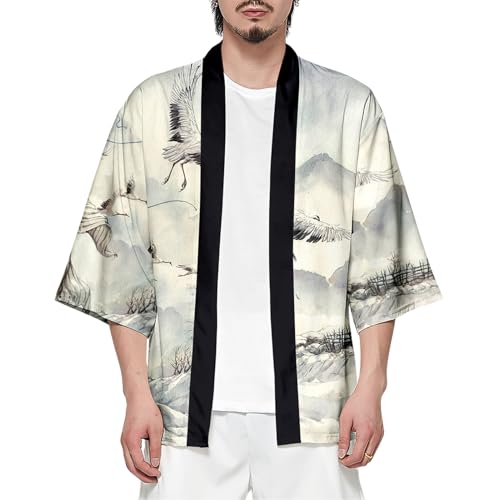Image of DOSLAVIDA Men's Japanese Kimono Cardigan Suit Chinese Style Printed Jacket Pants Set Open Front Seven Sleeve Top & Shorts