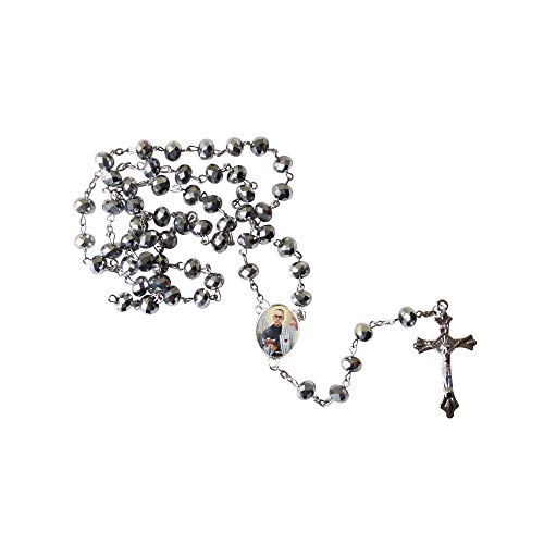 Saint Maximilian Kolbe Patron of Those with Addictions Metallic Silver Luster Quartz Faceted Round Beads Rosary with Silver Plated Medal Centerpiece and Crucifix Includes a Prayer Card