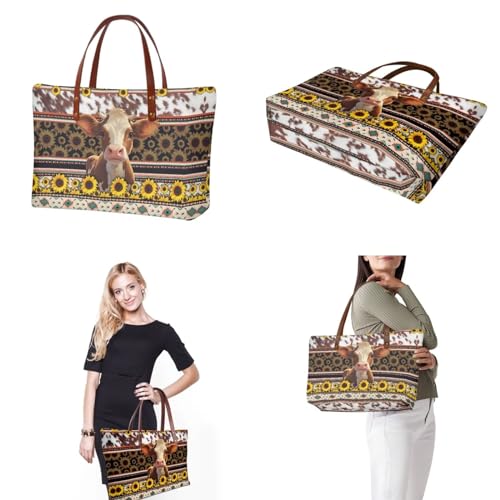 Image of Animal Cow Purse and Handbag for Women - Fashion Sunflower Tote Shoulder Bag With PU Cosmetic Purse - Large Top Handle Satchel and Wallet Combo for Working
