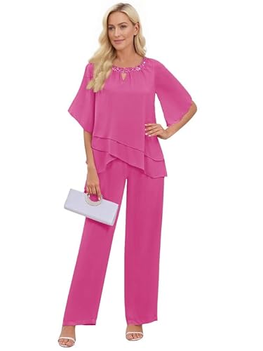 Elegant Hot Pink Chiffon Pant Suit with Sequin Details for Weddings