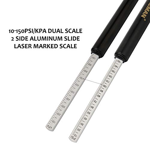 Image of MEASUREMAN Heavy Duty Dual Head Truck Tire Gauge, Solid Brass Body, Black Painting, Aluminum Slide, with Hook, Range 10-150psi /kpa