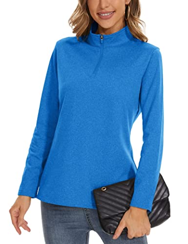 Magcomsen Long Sleeve T Shirt Women Quarter Zip Shirts Athletic Fitness T-Shirt Stand Collar Quick Dry Hiking Shirts Fishing Shirts Fleece Tennis Shirts Sea Blue #TOP2