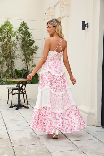 Women Floral Maxi Dress Spaghetti Straps V Neck Patchwork Flowy Boho Sundress Tiered Long Dresses3