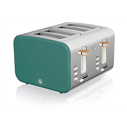 Swan Nordic Tostadora Pan ranura ancha 4 rebanadas, 3 funciones, 6 niveles de tostado, diseño moderno acero inoxidable, tirador efecto madera